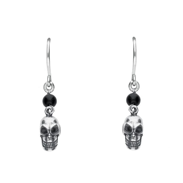 Sterling Silver Whitby jet Mini Skull One Stone Drops Earrings