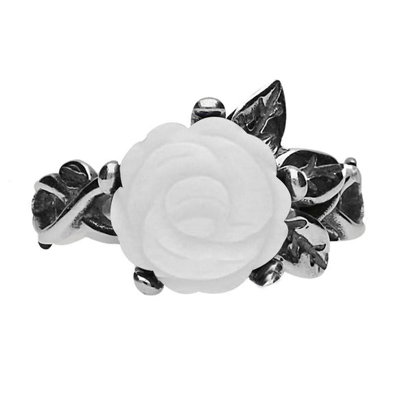 Sterling Silver White Agate Tuberose Rose Leaf Twist Ring, R728.