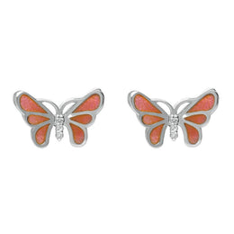 Sterling Silver White Sapphire Red Enamel House Style Butterfly Stud Earrings E2217