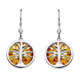 Sterling Silver Yellow Gold Plate Amber Round Tree of Life Drop Earrings E2485