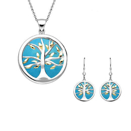 Sterling Silver Yellow Gold Plate Turquoise Medium Round Tree of Life Two Piece Set S065