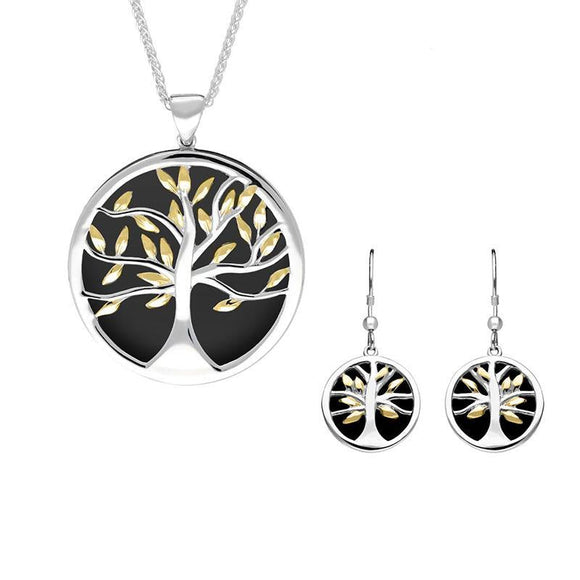 Sterling Silver Yellow Gold Plated Whitby Jet Large Round Tree of Life Two Piece Set