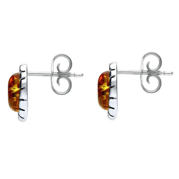 Sterling Silver Baltic Amber Oval Beaded Edge Small Stud Earrings E1793