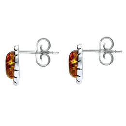 Sterling Silver Baltic Amber Oval Beaded Edge Small Stud Earrings E1793
