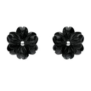 Sterling Silver Whitby Jet Carved Large Flower Stud Earrings E1323