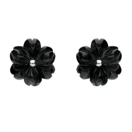 Sterling Silver Whitby Jet Carved Large Flower Stud Earrings E1323