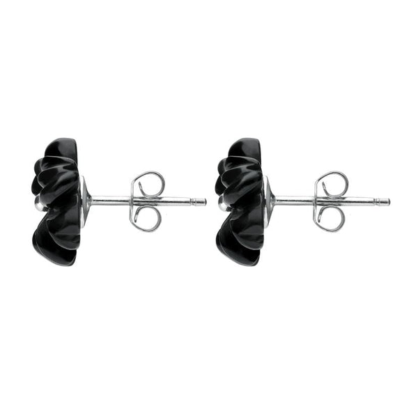 Sterling Silver Whitby Jet Carved Large Flower Stud Earrings E1323