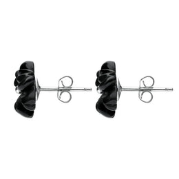 Sterling Silver Whitby Jet Carved Large Flower Stud Earrings E1323