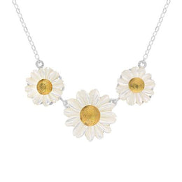 Sterling Silver and Yellow Gold White Mother Of Pearl Tuberose Triple Daisy Necklace, N985.