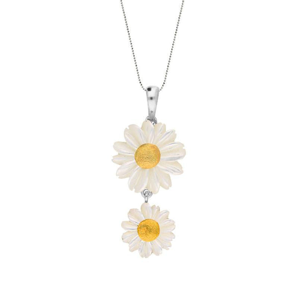 Sterling Silver and Yellow Gold White Mother Of Pearl Tuberose Twin Daisy Necklace, P2917.