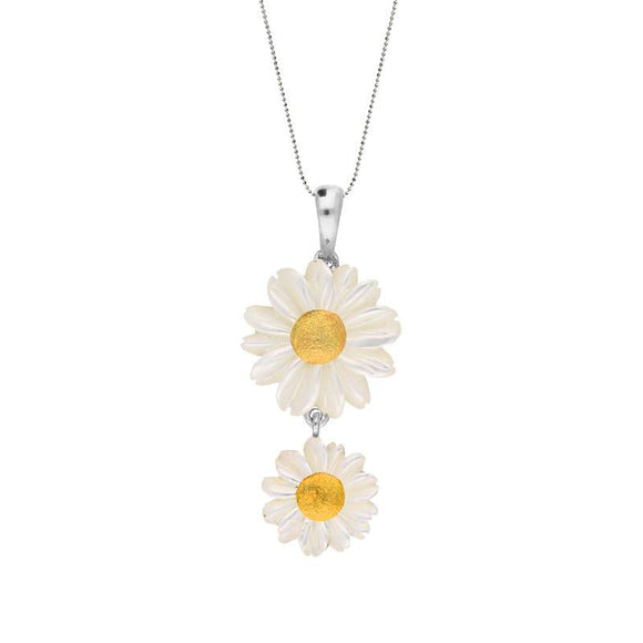 Sterling Silver and Yellow Gold White Mother Of Pearl Tuberose Twin Daisy Necklace, P2917.