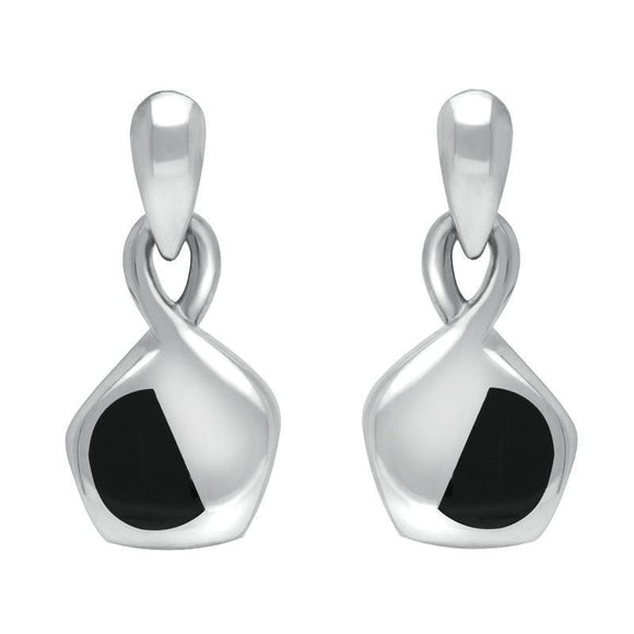 00074260 C W Sellors Sterling Silver Whitby Jet Freeform Pentagon Drop Earrings. E345