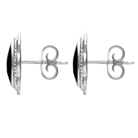 00069558 C W Sellors Sterling Silver Whitby Jet Large Rope Oval Frill Stud Earrings, E079.