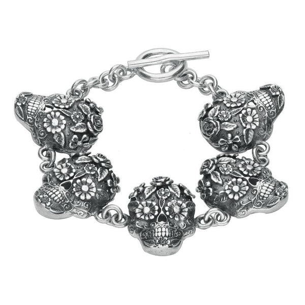 00146334 C W Sellors Silver Day Of The Dead 5 Skull Bracelet, B1093.