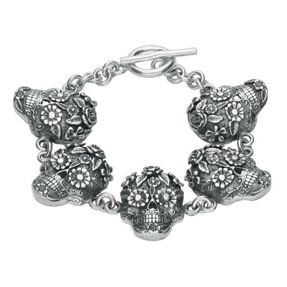 00146334 C W Sellors Silver Day Of The Dead 5 Skull Bracelet, B1093.