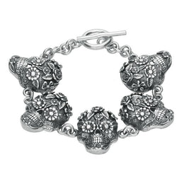 00146334 C W Sellors Silver Day Of The Dead 5 Skull Bracelet, B1093.