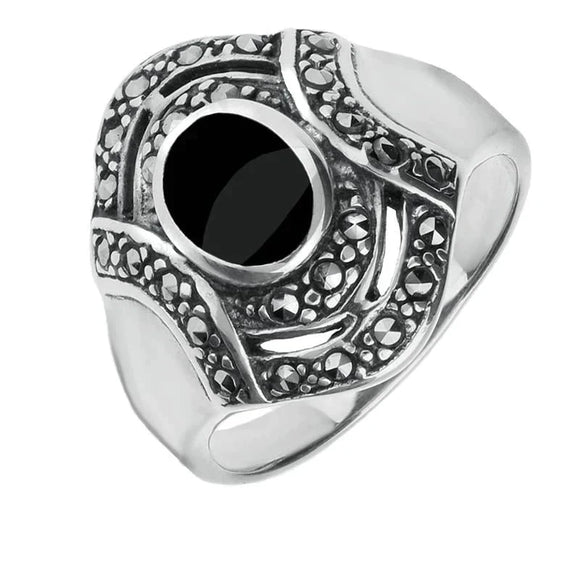 00006683 C W Sellors Sterling Silver Whitby Jet Marcasite Oval Stone Framed Ring, R526.