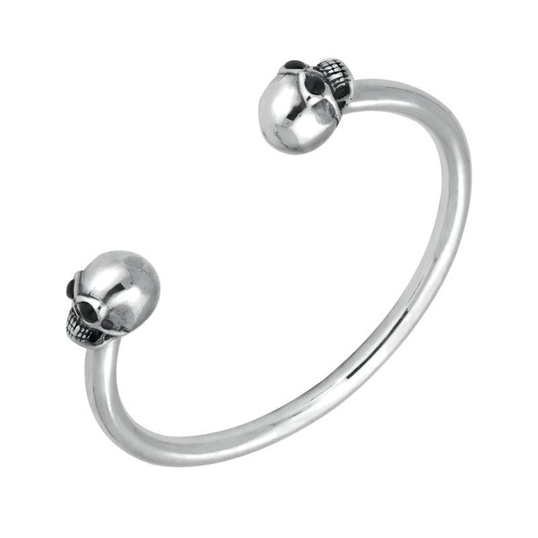 00090942 C W Sellors Sterling Silver Whitby Jet Medium Skull Torc Bangle. B849