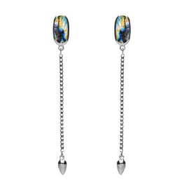 Sterling Silver Spectrolite Lineaire Long Drop Stud Earrings, E2240.