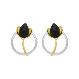Yellow Gold Plated Sterling Silver Whitby Jet Open Circle Leaf Earrings, E2619
