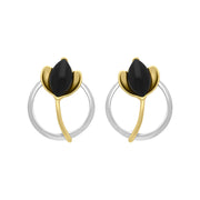 Yellow Gold Plated Sterling Silver Whitby Jet Open Circle Leaf Earrings, E2619