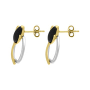 18ct Yellow Gold Plated Sterling Silver Whitby Jet Open Circle Leaf Earrings