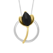 Yellow Gold Plated Sterling Silver Whitby Jet Open Circle Leaf Necklace, P3775