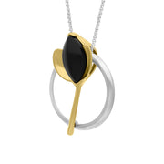18ct Yellow Gold Plated Sterling Silver Whitby Jet Open Circle Leaf Necklace