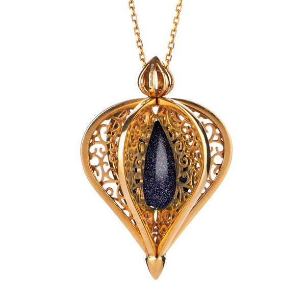 Yellow Gold Vermeil Blue Goldstone Flore Filigree Droplet Necklace P2330C