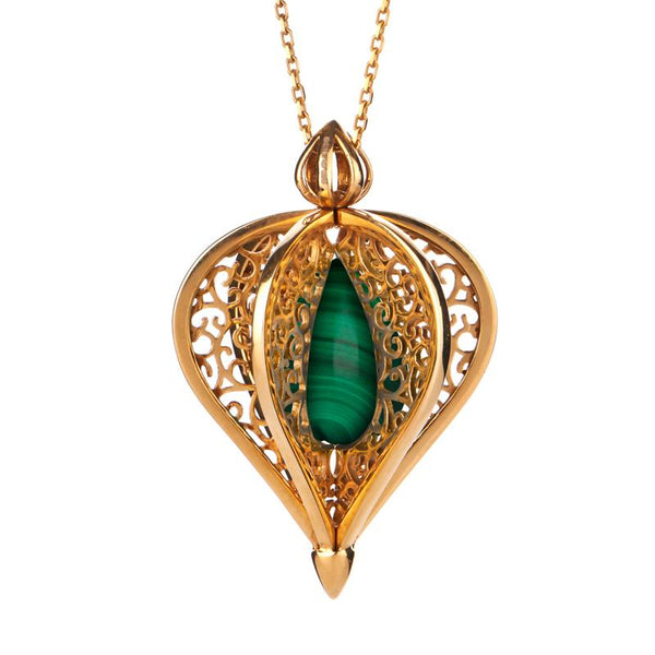 Yellow Gold Vermeil Malachite Flore Filigree Droplet Necklace P2330C