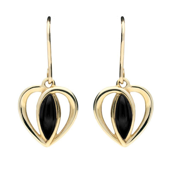 9ct Yellow Gold Whitby Jet Heart Drop Earrings E1914