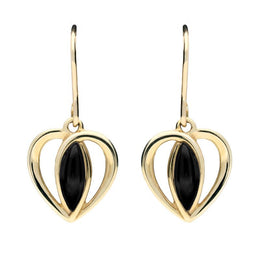 9ct Yellow Gold Whitby Jet Heart Drop Earrings E1914