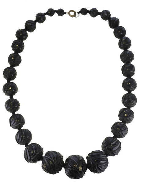 00123708 W Hamond Necklet Antique Jet Chunky Carved Graduated Round Beaded NUNQ0001176