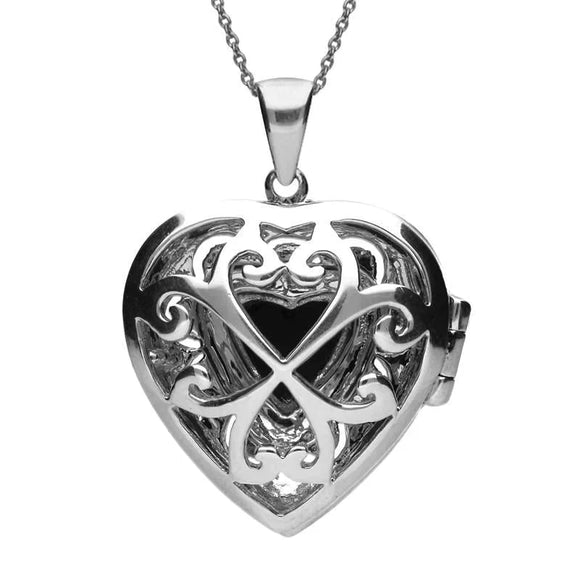 Silver Whitby Jet Marcasite Large Heart Locket Necklace back