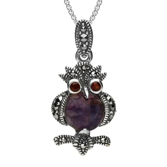 Sterling Silver Blue John Marcasite Garnet Owl Necklace. P2980.