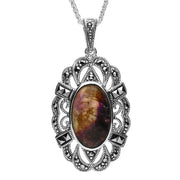 Sterling Silver Blue John Marcasite Lace Edged Oval Necklace. P2122.