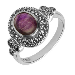 Sterling Silver Blue John Marcasite Oval Beaded Edge Ring R750