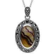 Sterling Silver Blue John Marcasite Beaded Edge Necklace. p2341.