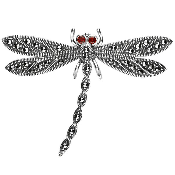 Sterling Silver Marcasite Garnet House Style Dragonfly Brooch M336