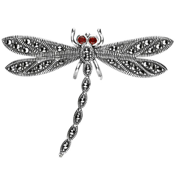 Sterling Silver Marcasite Garnet House Style Dragonfly Brooch M336