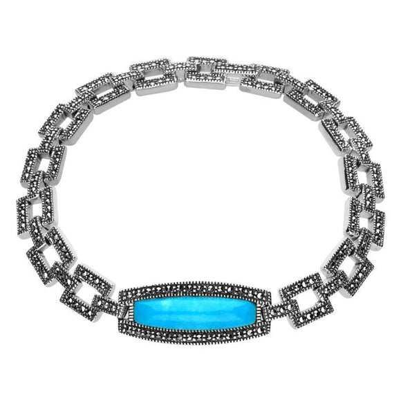 Sterling Silver Turquoise and Marcasite Oblong Curved Link Bracelet. B878.