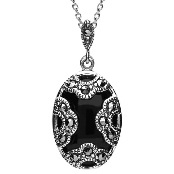 Silver Whitby Jet Marcasite Oval Art Deco Necklace P2125
