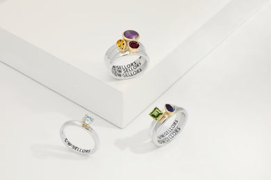 9ct Yellow Gold Sterling Silver Whitby Jet Stepping Stones 5mm Round Claw Set Ring D