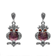 Sterling Silver Blue John Marcasite and Garnet Owl Drop Earrings. E2237.