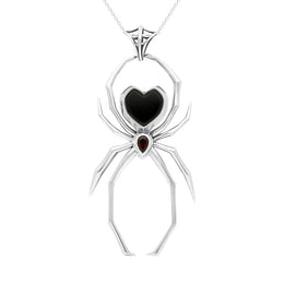 Sterling Silver Whitby Jet Garnet Spider Pendant Necklace D P2822