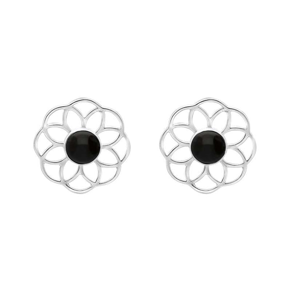 Sterling Silver Whitby Jet Flower Stud Earrings E2422