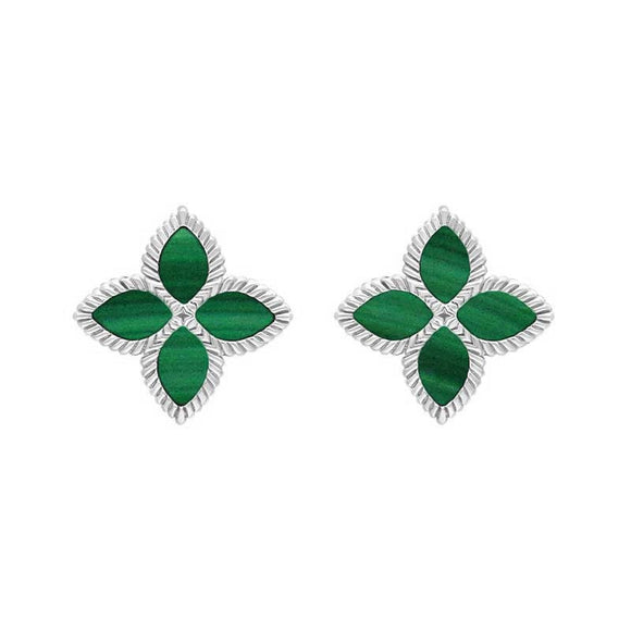 Sterling Silver Malachite Bloom Flower Ball Edge Stud Earrings E2602