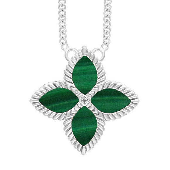 Sterling Silver Malachite Bloom Large Flower Ball Edge Necklace N1156