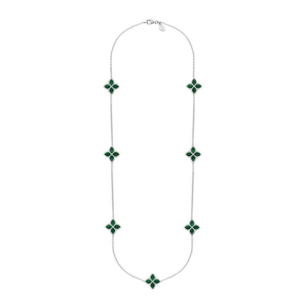 Sterling Silver Malachite Bloom Long Flower Ball Edge Necklace N1157