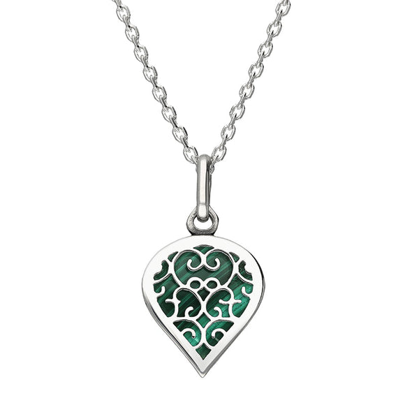 Sterling Silver Malachite Flore Filigree Small Heart Necklace. P3629.